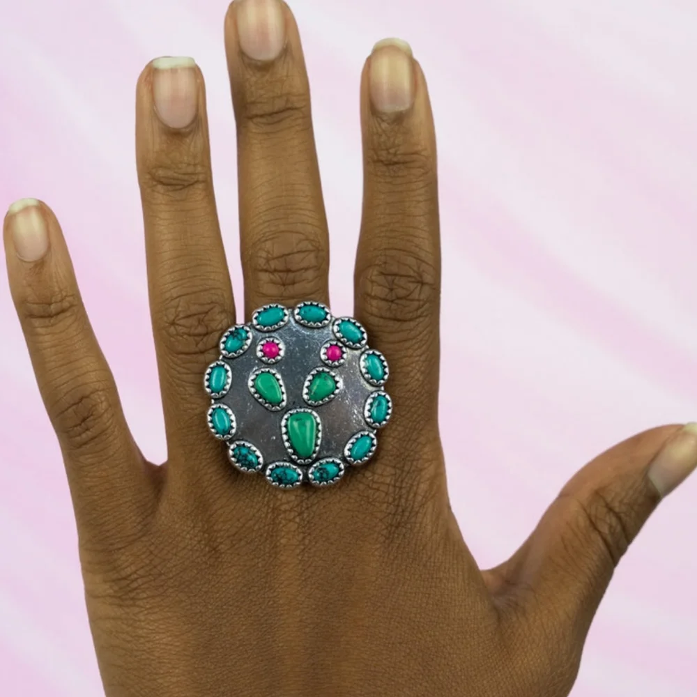 Cactus Turquoise Beaded Free Spirit Boho South Western People ring nwt